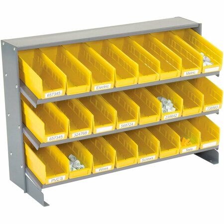GLOBAL INDUSTRIAL 3 Shelf Bench Pick Rack, 24 Yellow Plastic Shelf Bins 4 Inch Wide 33x12x21 603424YL